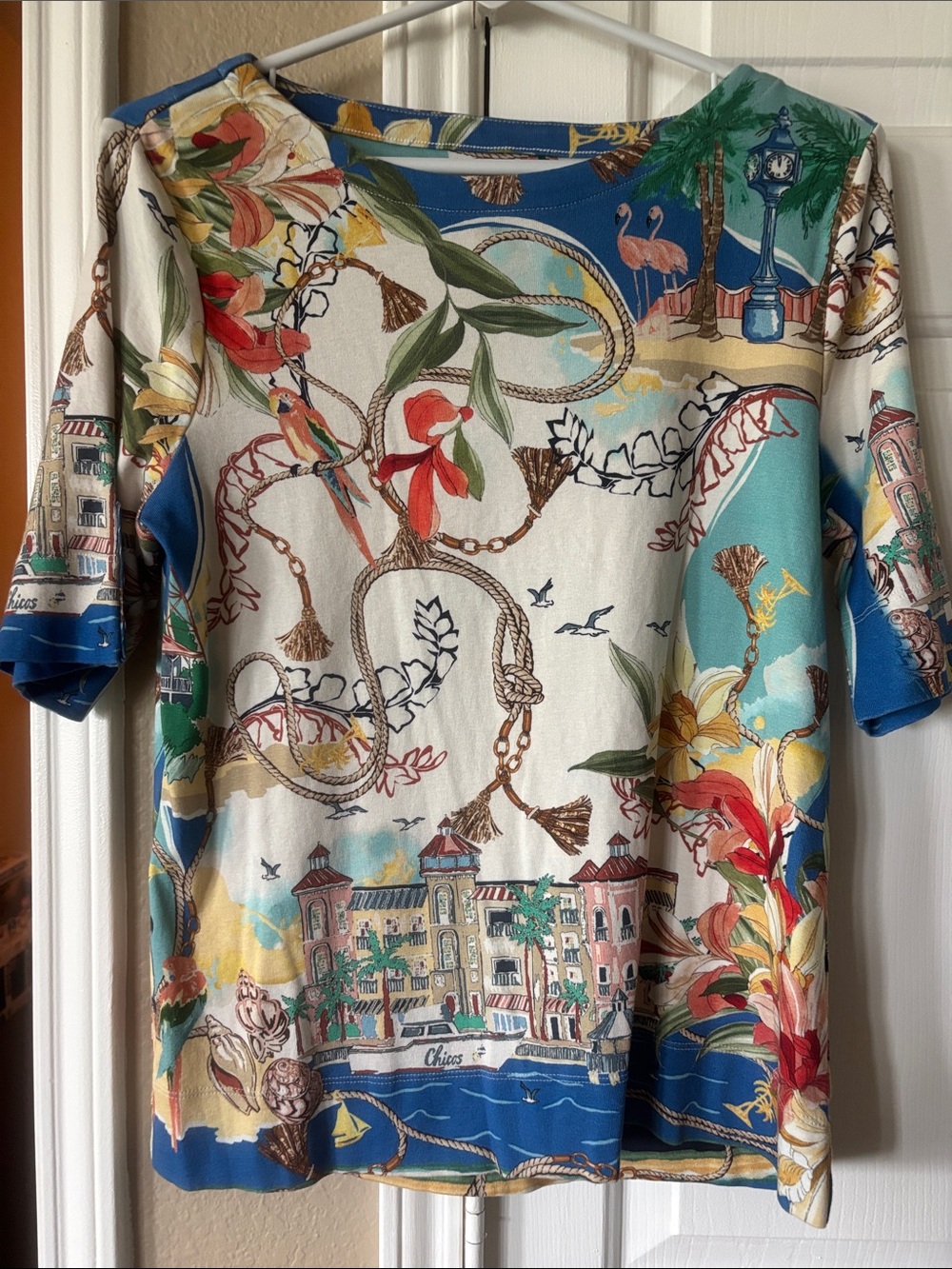 Chico's Tropical Floral & Rope Print Tee in Blue, Teal, Cream